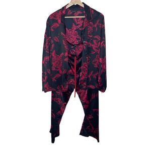 Natori Black Red Rose Floral Print  Pajama Set Long Sleeve Pants L